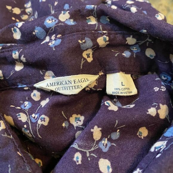 American Eagle Floral Boho Cotton Button Down Shirt Woman Size L - Picture 8 of 9